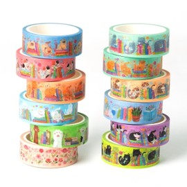BkeeCten 12pcs Cute Cats and Books Washi Tapes, Trendy Colorful Cats Aesthetic Stacking Book Decorative Tape, Cat’s Paw Artistic Tape for DIY Craft Bookish Book Lover Gift Scrapbook Wrapping Decor