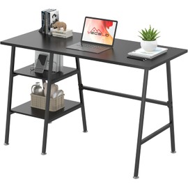 VECELO 43 Inch Computer Desk Writing Study Work Office Table Modern Desk with Shelves Wooden Desk for Home Bedroom,Black Desk