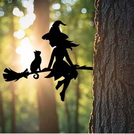 Iron Witch & Cat Garden Stake for Outdoor Decor – Branch Silhouette Accent for Garden, Lawn & Courtyard