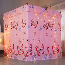 Mengersi Princess Four Corner Post Bed Curtain Canopy Mosquito Net for Girls Kids (Full, Pink Butterfly)