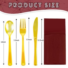 25 Person Disposable Burgundy Linen-Feel Dinner Napkins with Knife Fork Spoon,Built-in Flatware Pocket, Suitable for Party, Picnic, Wedding (Burgundy,Equipped with knives, forks, spoons)
