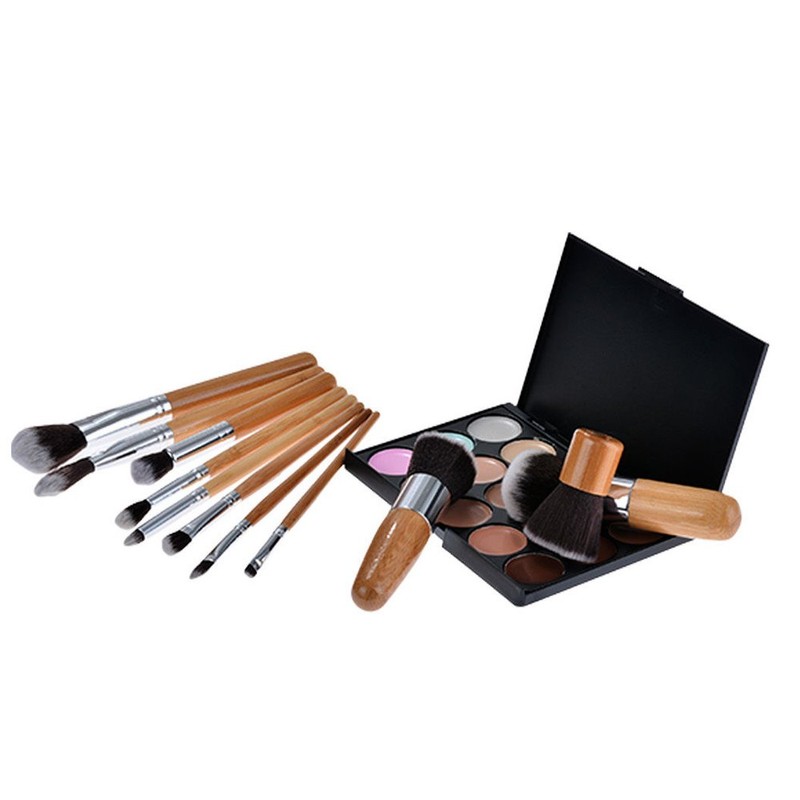 Makeup Brush Set Cream Concealer Palette Wooden Bamboo Handle Carrying