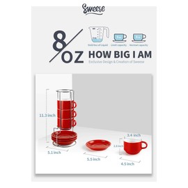 Sweese 406.404 Porcelain Stackable Cappuccino Cups with Saucers and Metal Stand - 8 Ounce for Specialty Coffee Drinks, Cappuccino, Latte, Americano and Tea - Set of 4, Red