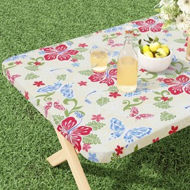 misaya Rectangle Vinyl Tablecloth, Fitted Table Cover, Waterproof, Elastic Edge, Plastic Table Cloth Fit 6 Foot Folding Tables for Picnic, Camping, Outdoor (Butterfly, 30x72 inch)