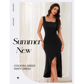 Dressystar Square Neck Dress Bodycon Cocktail Slit Women Dresses Sleeveless Ruffled Hem Formal Wedding Guest Evening Prom Party Mermaid Gowns Black S