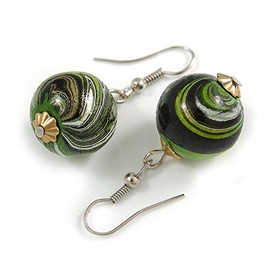 Green/Black/Golden Colour Fusion Wood Bead Drop Earrings - 40mm Long