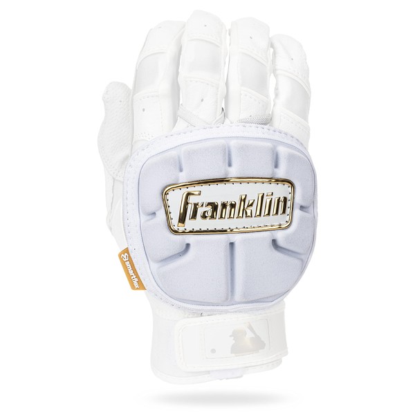 Franklin Sports Baseball Hand Guard - PRT LT Series Adult Hand Protector for Batting - Protective Hand Shield for Right + Left Hand Hitters - White + Gold - Adjustable One-Size - Adult