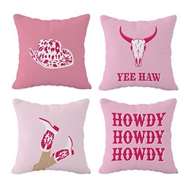 FULSOE Hot Pink Preppy Howdy Wild Western Cowgirl Boots Hat Cow Skull Throw Pillow Case Cover 18"x18" Set of 4,Pink Preppy Trendy Decorations for Home Girls Bedroom Dorm Office,Gifts for Teen Girls
