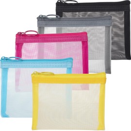 BEIQIYA 5pcs Mini Mesh Makeup Bags, Small Zipper Mesh Makeup Bags, Portable Cosmetic Pouch for Woman Purse Lipstick Keys Essentials Items Earphone Bank Cards- Black & Gray & Blue & Red & Yellow