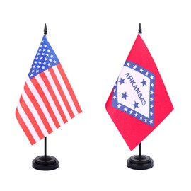 WXTWK 2 Pack USA Arkansas Flag Arkansas State Desk Flag Set - Mini Small Arkansas Table Office Flags with Black 12" Solid Pole Stand Base Classroom Meeting Desktop Decorations