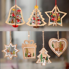Christmas Wooden Laser-Punched Tree Ornament & Five-Pointed Star Room Decor Free Size/Option 08 10ea