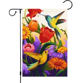Louise Maelys Welcome Spring Floral Garden Flag 12x18 Double Sided, Burlap Small Spring Tulip Sunflower Hummingbird Bird Garden Yard Flags for Outside Outdoor House Decoration (Only Flag)