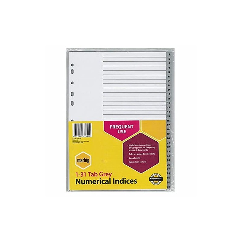 Marbig Indices & Dividers 1-31 Tab Pp A4 Grey
