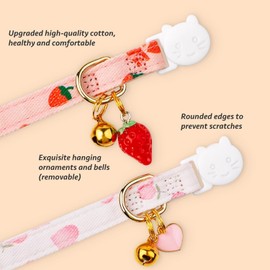 2-Piece Cotton Detachable cat Collar Pink Strawberry White Heart Pendant Cute Kitten with Bell cat Collar Suitable for Boys and Girls.
