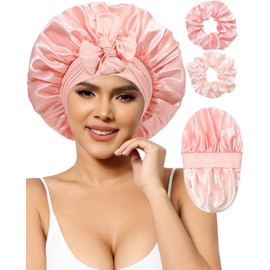 Satin Bonnet Silk Bonnet for Sleeping Women Hair Bonnet for Curly Hair Sleep Cap Reversible Double Layer Bonnet with Tie Band (Pink, One size)