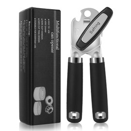 Safring Can Opener Manual, Heavy Duty Handheld Strong Can Opener with Soft Touch Handle, Sharp Blade Smooth Edge, Can Openers with Multifunctional Bottle Opener, Black