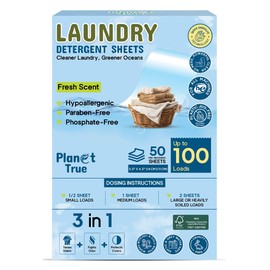 Planet True Eco-Friendly Laundry Detergent Sheets – 100 Loads (50 Sheets) Fresh Scent – Concentrated, Quick-Dissolve, Travel-Friendly & Hypoallergenic – No Phosphate, Bleach or Dyes