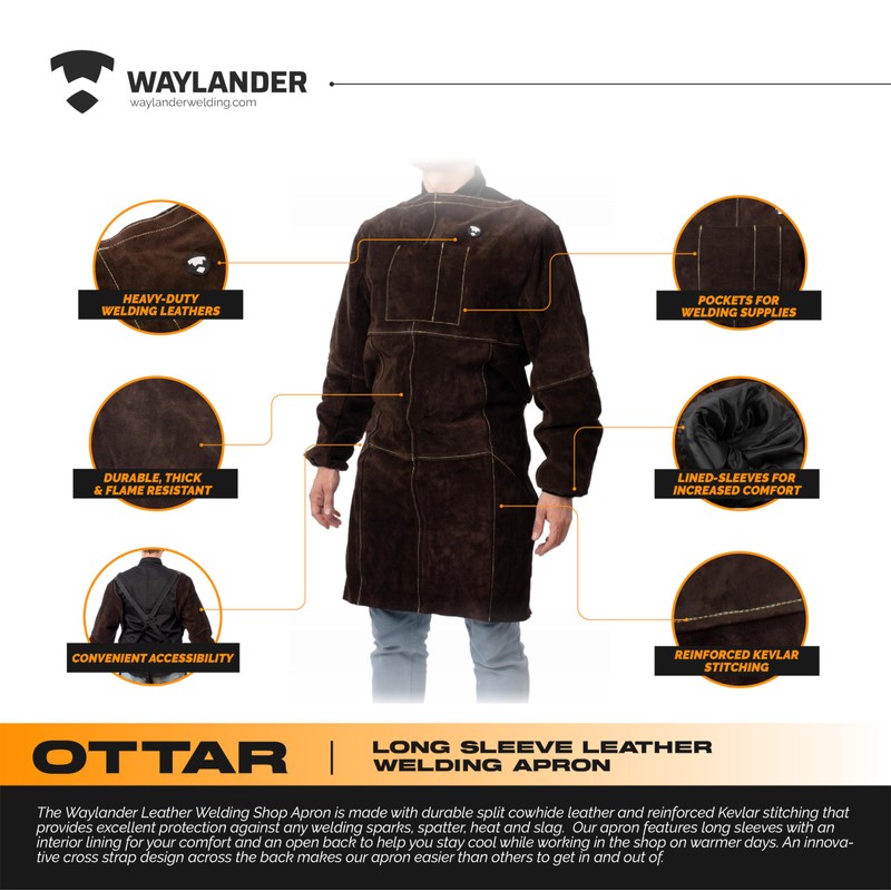 Waylander OTTAR Heavy-Duty Leather Welding Apron with Long Sleeves –