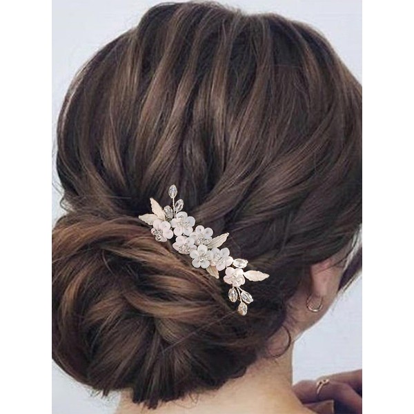 Latious Flower Bride Wedding Hair Comb Bridal Leaf Hair Clip Rhinestone Hair Piece Bridesmaids Hair Accessories for Women and Girls (A-Silver)