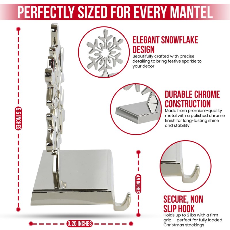 Iconikal 4-Pack Stocking Holders Christmas Chrome Metal Snowflake Weighted for