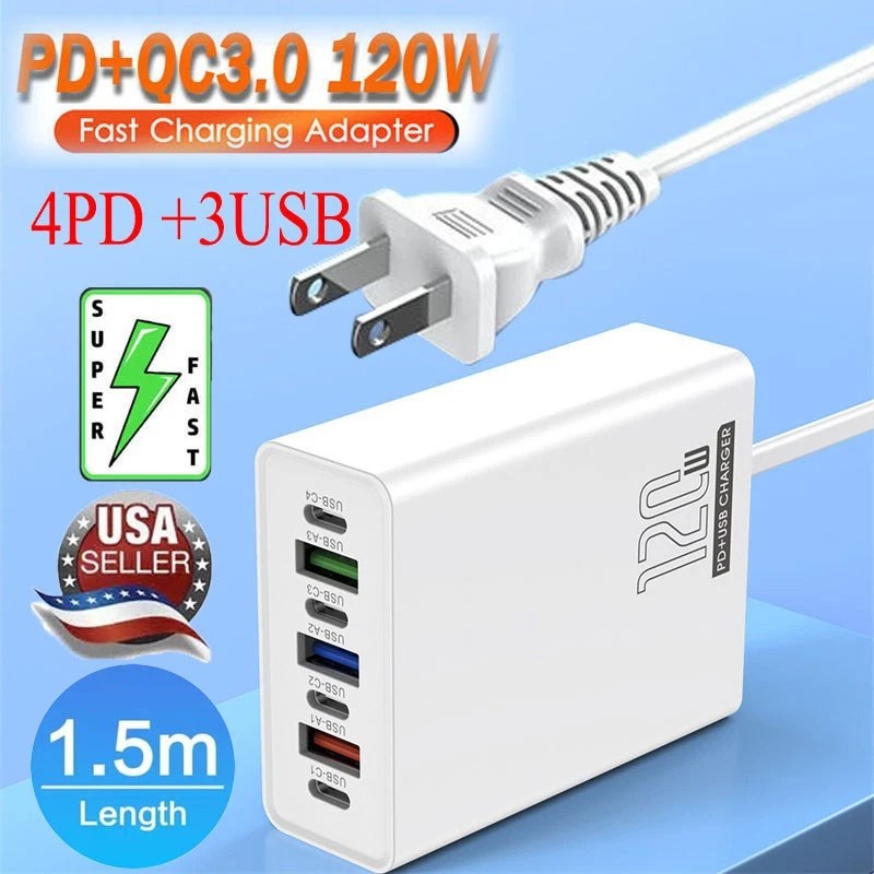 Universal 120W 6-Port USB C Fast Wall Charger Block Charging