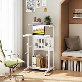 Giantex Small Standing Desk, Height Adjustable Portable Laptop Cart on Wheels with Storage Shelves & Swivel Footrest, Computer Workstation Rolling Table for School Lecture Home Office (White)