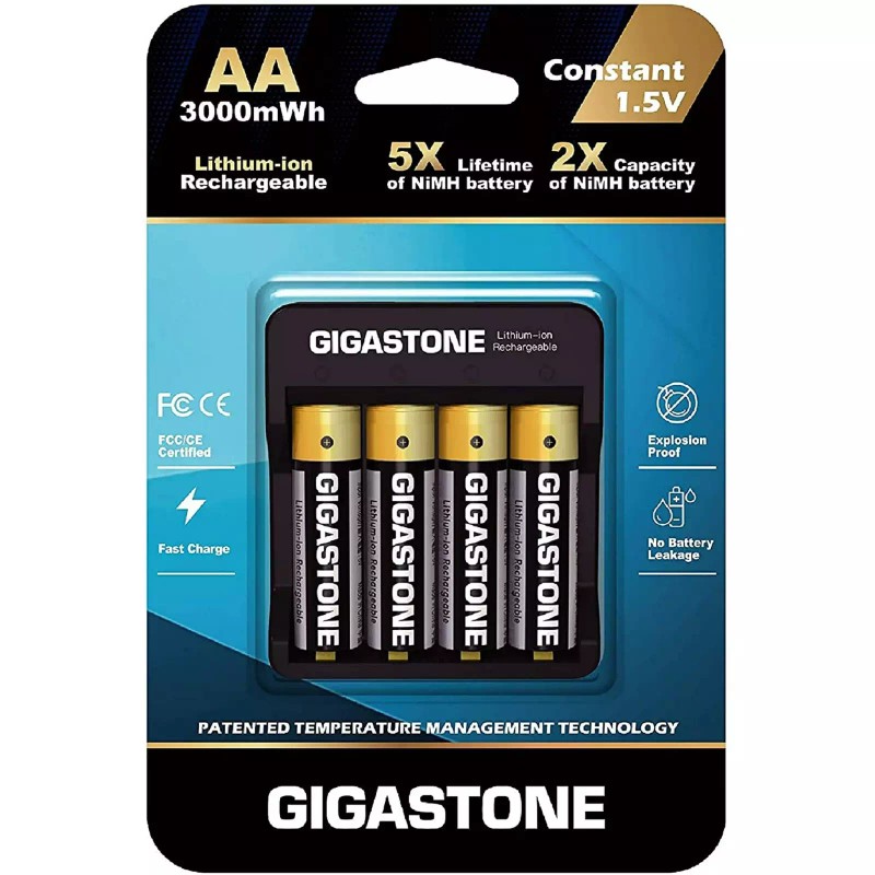 GIGASTONE Constant Voltage Rechargeable AA Batteries (4 Pack), 3000mWh, Lithium