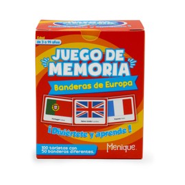 Menique. Juego de Memoria de Banderas de Europa. Bandera, país y Capital. 50 Pares de países.