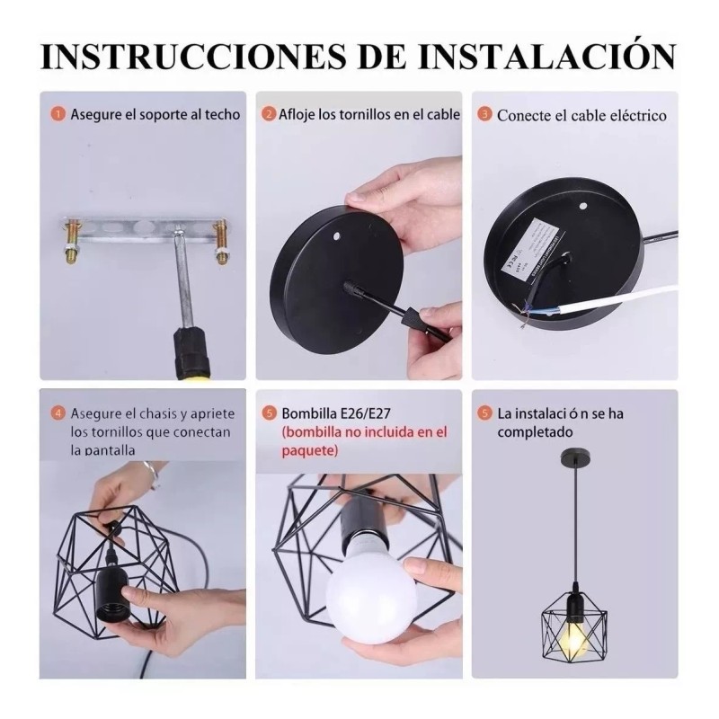 D.S Lámpara Colgante Industrial Negra Tipo Jaula 3 Piezas A6