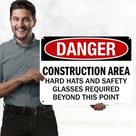 Danger Construction Area Hard Hats And Safety Glasses Required Beyond This Point 18x24 Inches, 55 mil thick HDPS (high density polystyrene), Made in USA by My Sign Center