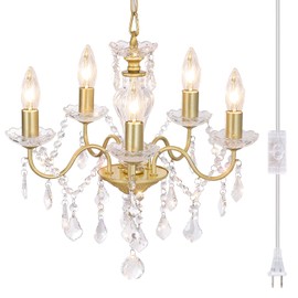 Chanlited Plug in Modern 5-Light Gold Chandelier with Glass Crystals, Candle Style Pendant Light Fixtures for Living Room, Girls Room, Kitchen Island, Entryway