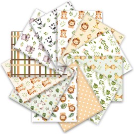 Whaline 12Pcs Safari Cotton Fabric Bundles Watercolor Safari Animals Printed Fabric Squares Jungle Theme Sewing Fabrics for DIY Handmade Craft Party Decor, 10 x 10 in