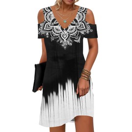 SAUKOLE Summer Dresses for Women Casual Button V Neck Boho Dress Pleated Cold Shoulder Cocktail Party Dresses