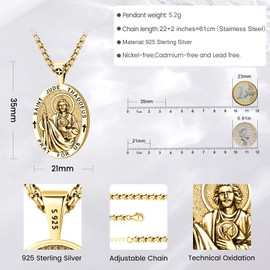Eusense Archangel Michael/Saint Christopher/Saint Jude Thaddeus/Seven Archangels/Holy Mary/Jesus Cross Pendant Amulet Necklace 925 Silver Christian Chain Jewellery Men Women, Sterling Silver, No