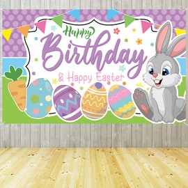 Crenics Easter Birthday Party Decorations, Easter Bunny Happy Birthday & Happy Easter Banner, Funny Birthday Backdrop for Bunny Easter Birthday Party Supplies 5.9 x 3.9 Ft