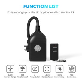 SURNICE Outdoor Indoor Wireless Remote Control Outlet, 260Ft Range, 15 A Heavy Duty Weatherproof Remote Light Switch with 6-Inch Cord, FCC&ETL Listed