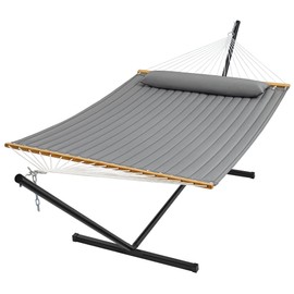 SUPERJARE Hammock with Stand, 2 Person Quilted Outdoor Hammock, Detachable Pillow & Bamboo Spreaders, Portable Hammock with Carrying Bag, Heavy Duty Stand, Perfect for Outside, Patio, Gray