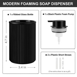KASUNTING Matte Black Foaming Soap Dispenser, Ribbed Glass Foam Hand Soap Dispenser for Bathroom, 15 Oz Refillable Foaming Pump Bottle with Black Pump, Modern Dish Soap Foam Dispenser with 2 Straws