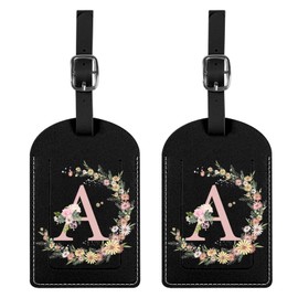 BHAHB 2 Pack Initial Letter Luggage Tag Monogram Luggage Tag PU Leather Suitcase Tags Funny Aesthetic Cute Flower Floral Monogrammed Travel Bag Labels for Women Girls (Letter-A)