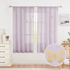 Jubilantex Butterfly Sheer Curtain Panels for Baby Girls Bedroom, Toddler Gold Print Linen Rod Pocket Voile Drapes 63 Inch for Kids Room Living Room, Lavender/Lilac Purple, 2 Panels