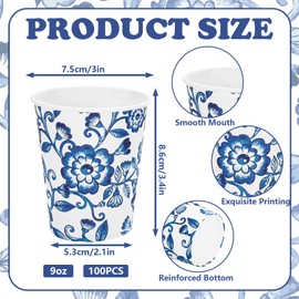 JarThenaAMCS 100Pcs Blue White Floral Paper Cups Chinoiserie Flower Disposable Cups 9oz Party Drinking Cups for Cold Hot Coffee Party Table Decor Supplies