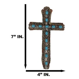 Ebros Gift 7" Tall Rustic Western Faux Distressed Wood Wall Cross With Turquoise Pebble Gems Crucifix 3D Art Hanging Plaque Country Decor Sculpture Christian Crosses