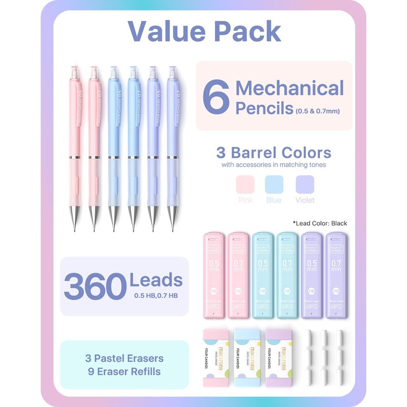 Four Candies Pastel Mechanical Pencil Set - 6PCS 0.5 mm