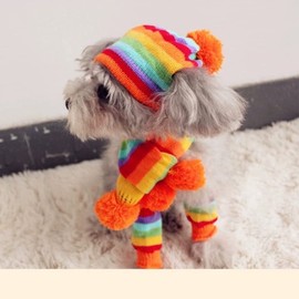 ANIAC 6 PCS Winter Knitted Dog Hat Scarf and Leg Warmer Set Puppy Warm Knitting Hat with Ear Holes Pet Pompom Cap & Collar Christmas Costume Suit for Cats Small Dogs (Medium, Rainbow)