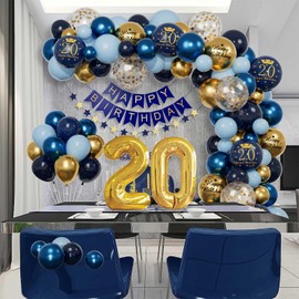 20th Birthday Decoration Navy Blue Gold 20th Birthday Men Women Decoration 20th Birthday Man Woman Happy Birthday Banner, Confetti Balloons, Birthday Balloons Birthday for 20th Birthday Decoration