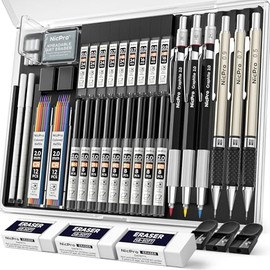 Nicpro Juego de 35 lápices mecánicos de arte, 3 lápices de dibujo de metal de 0.5 mm y 0.7 mm y 0.9 mm y 3 portaminillas de 2 mm (colores 6B 4B 2B HB 2H 4H) para dibujo y bocetos con estuche de 20