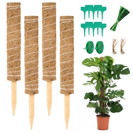 Vicloon Moss Stick, Pack of 4 40 cm Coconut Plant Sticks, with 5 Plant Labels, 1 Roll of Velcro Fastening, 94 Ropes, Coconut Rod for Plants Made of Natural Coconut Fibre, Coconut Trellis, Trellis