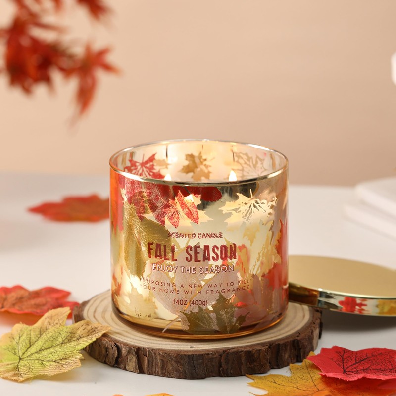 Fall Candle,Autumn Leaves Scented Candle,Large 3 Wicks,Fall Gift Decor,14oz
