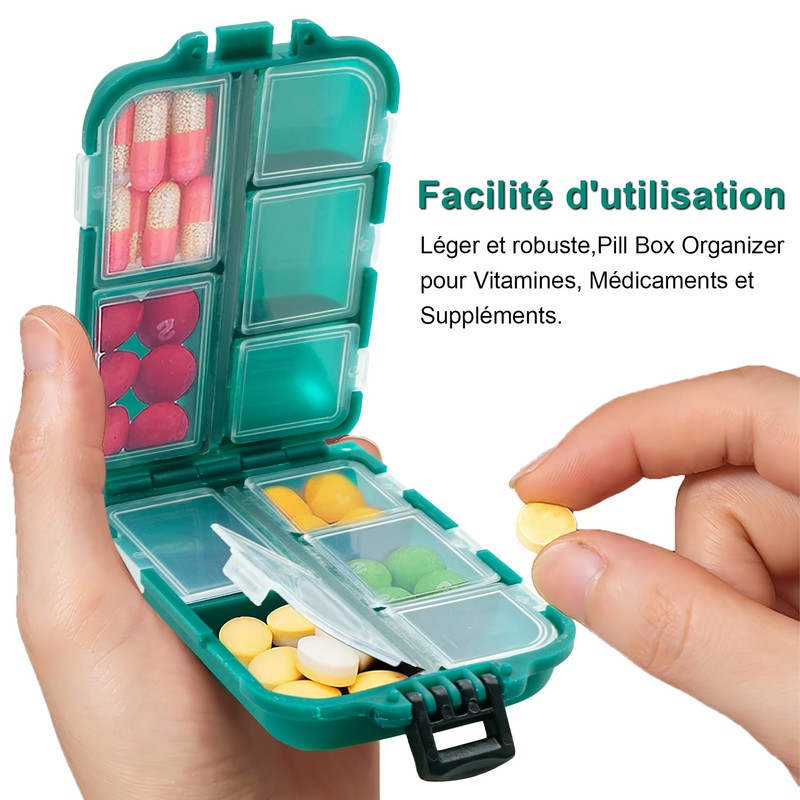 Pillendose für Reisen, tragbar, mit 10 Fächern, Mini-Tablettenbox, leicht und