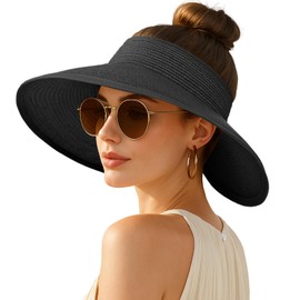 Women's Sun Visor Hats Wide Brim Straw Beach Hat Ponytail Hats for Women Foldable Floppy, 1pack-black-coolingsleeves, 6 3/4-6 7/8